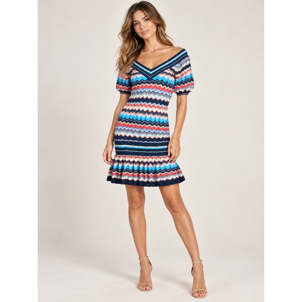 LaROK Chevron Knit Mini Dress Multicolor Metallic Lurex Ruffle Hem XS